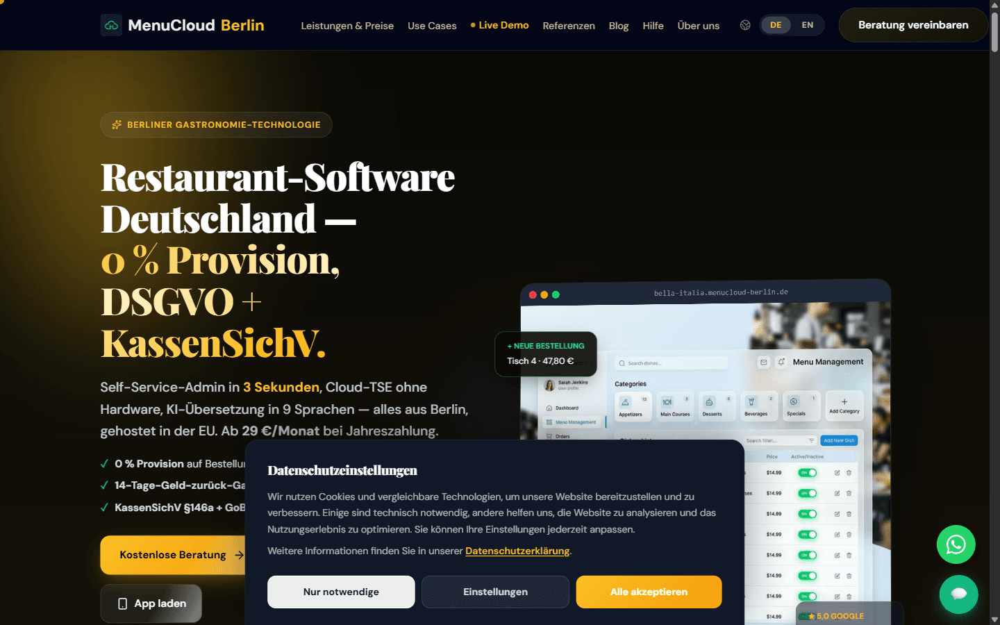 Startseite von menucloud-berlin.de mit dem Versprechen null Provision, DSGVO und KassenSichV sowie einer Vorschau des Self-Service-Admins.