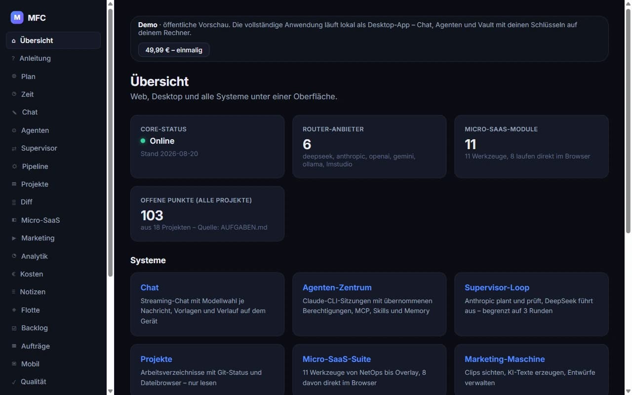 Das MFC-Dashboard in der Web-Vorschau: oben der Demo-Hinweis, darunter die Statuskarten für Core-Status, Router-Anbieter, Micro-SaaS-Module und offene Punkte, darunter das Raster der zwölf Systeme von Chat bis Vault.