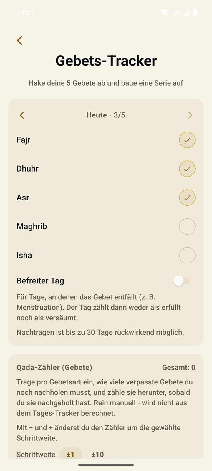 Die Gebetsverfolgung: je Tag und Gebet ein Häkchen, darüber die Strähne aufeinanderfolgender Tage.