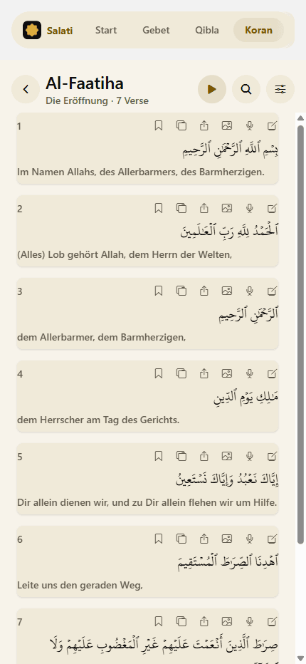 Koran-Reader von Salati auf dem Telefon mit Surenliste, arabischem Originaltext und deutscher Übersetzung.